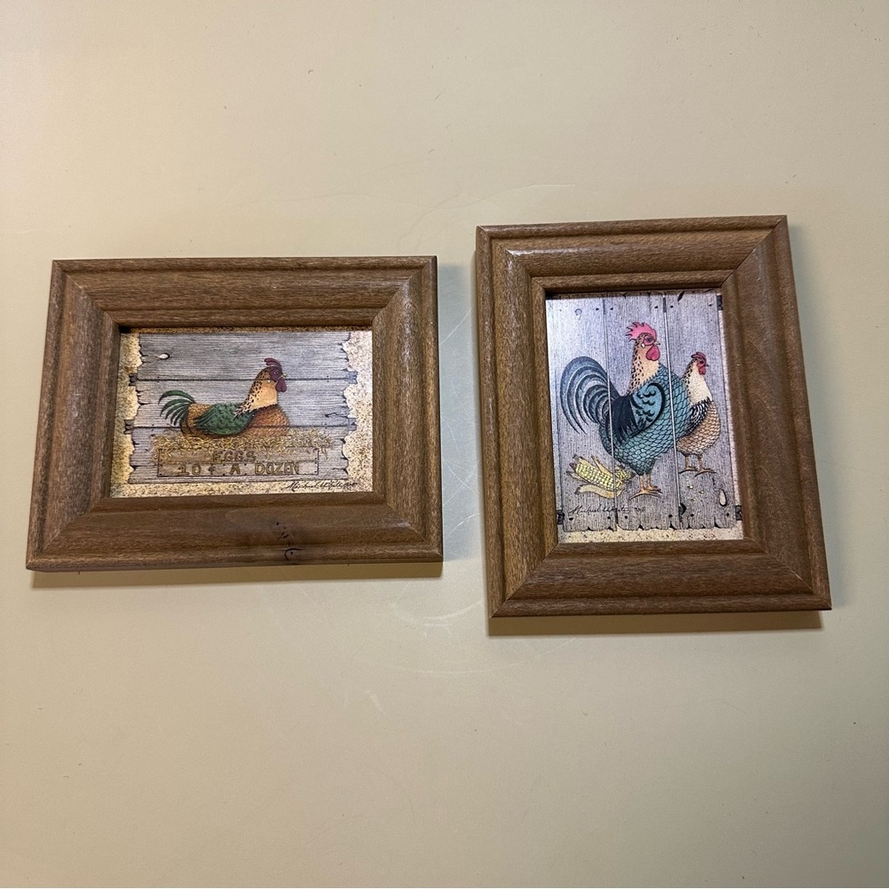 Pair of Mini Framed Chicken Prints - Great Vintage Condition - 4 X 5